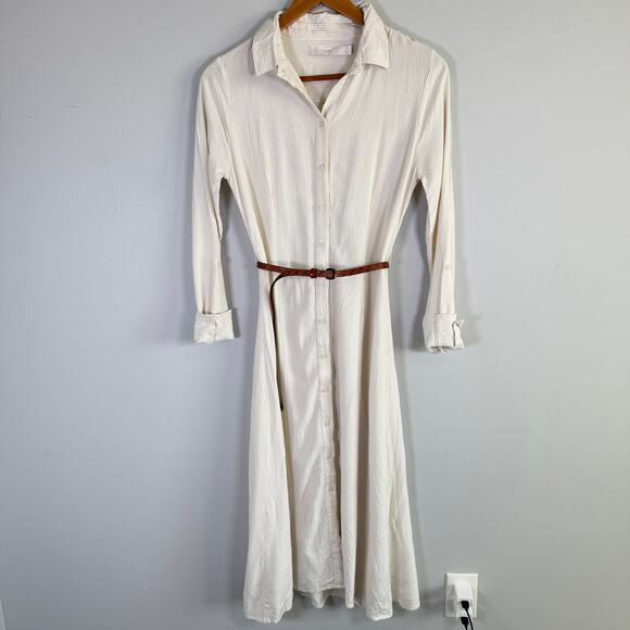 Rachel Parcell Collared Button Up White Tan Stripe Long Shirt Dress Size 10 - Picture 1 of 11
